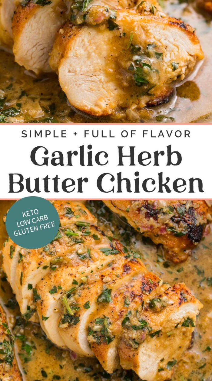 Pin graphic for garlic herb butter chicken.