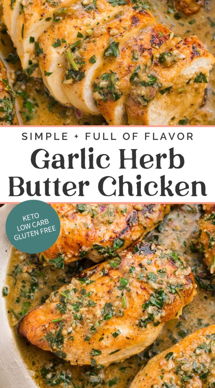 Pin graphic for garlic herb butter chicken.