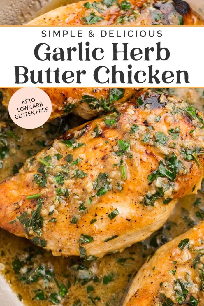 Pin graphic for garlic herb butter chicken.