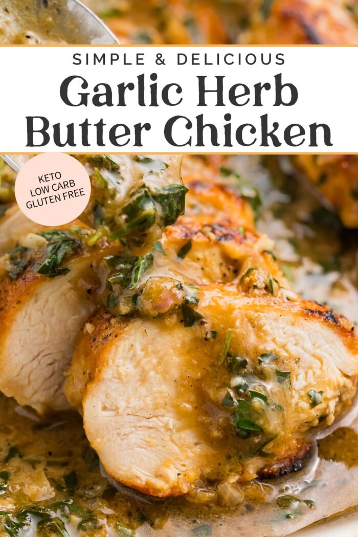 Pin graphic for garlic herb butter chicken.