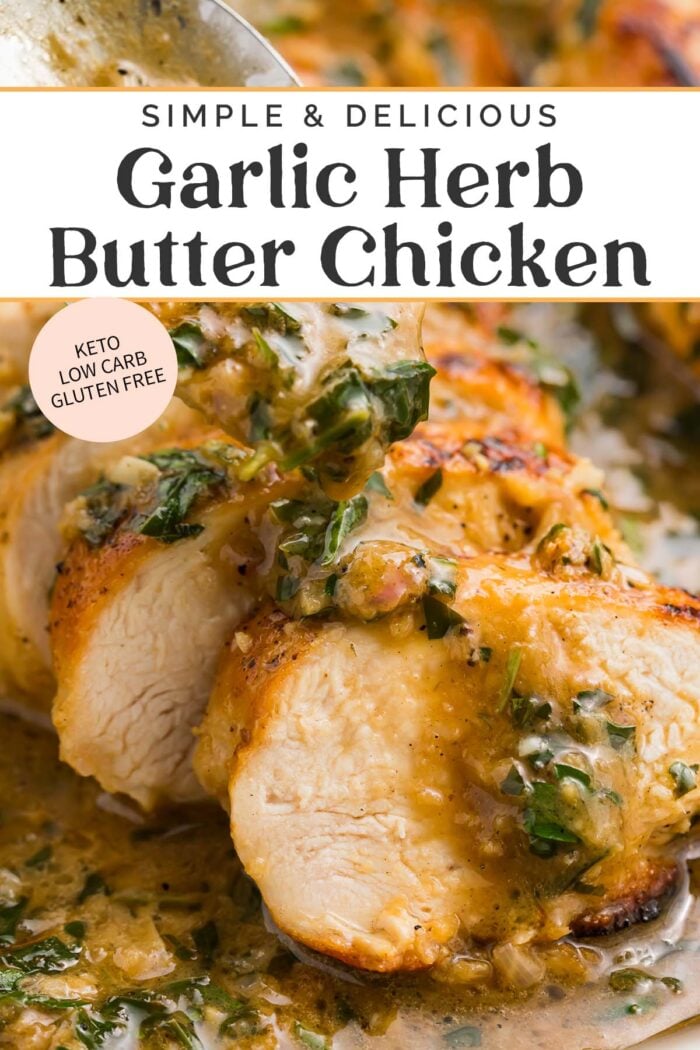 Pin graphic for garlic herb butter chicken.