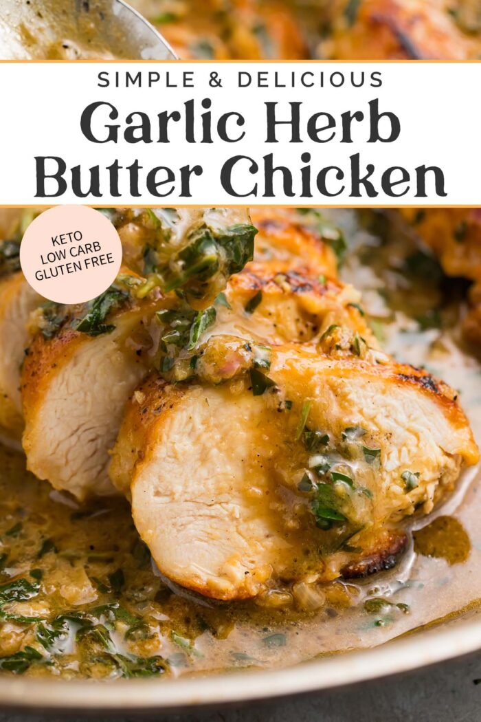 Pin graphic for garlic herb butter chicken.