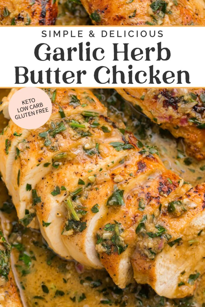 Pin graphic for garlic herb butter chicken.