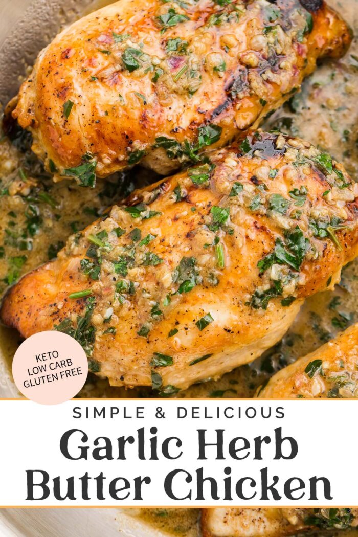 Pin graphic for garlic herb butter chicken.