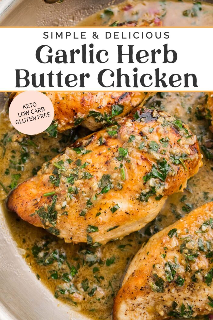 Pin graphic for garlic herb butter chicken.