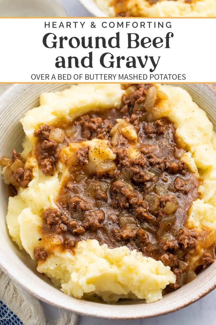 Pin graphic for ground beef and gravy over mashed potatoes.