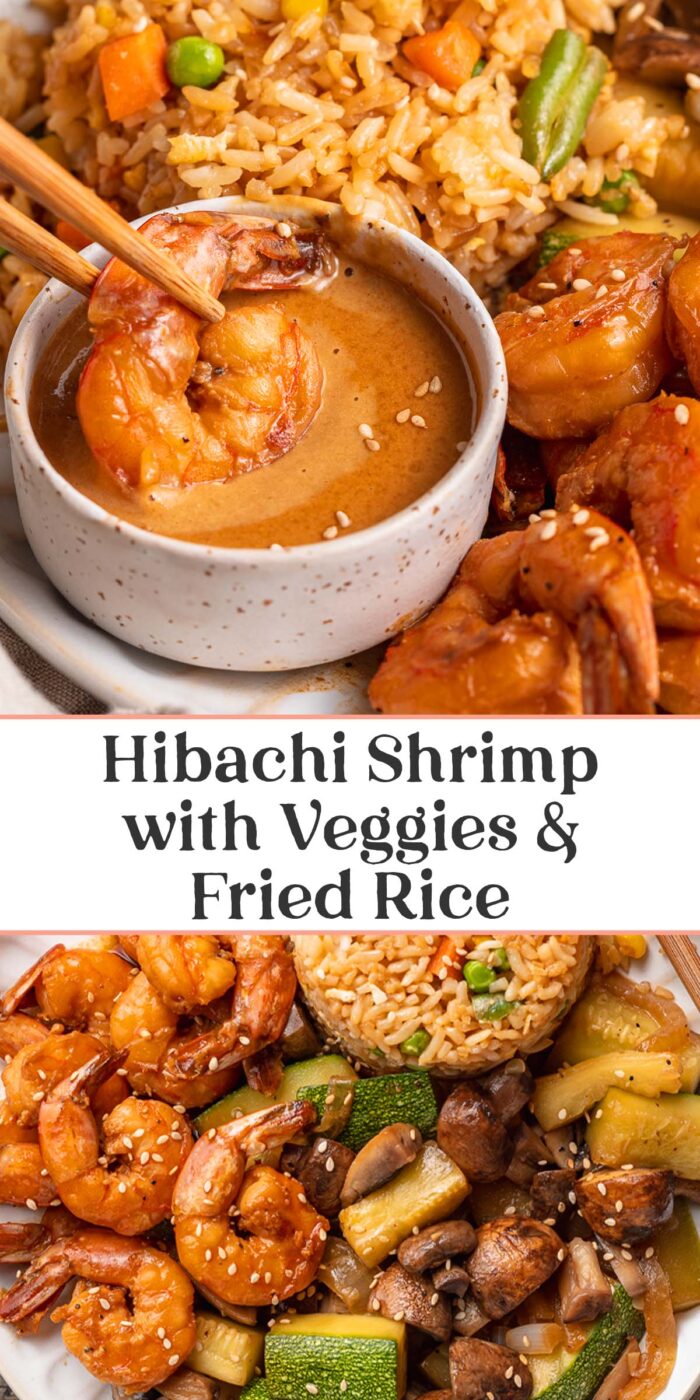 Pin graphic for hibachi shrimp with fried rice and veggies.