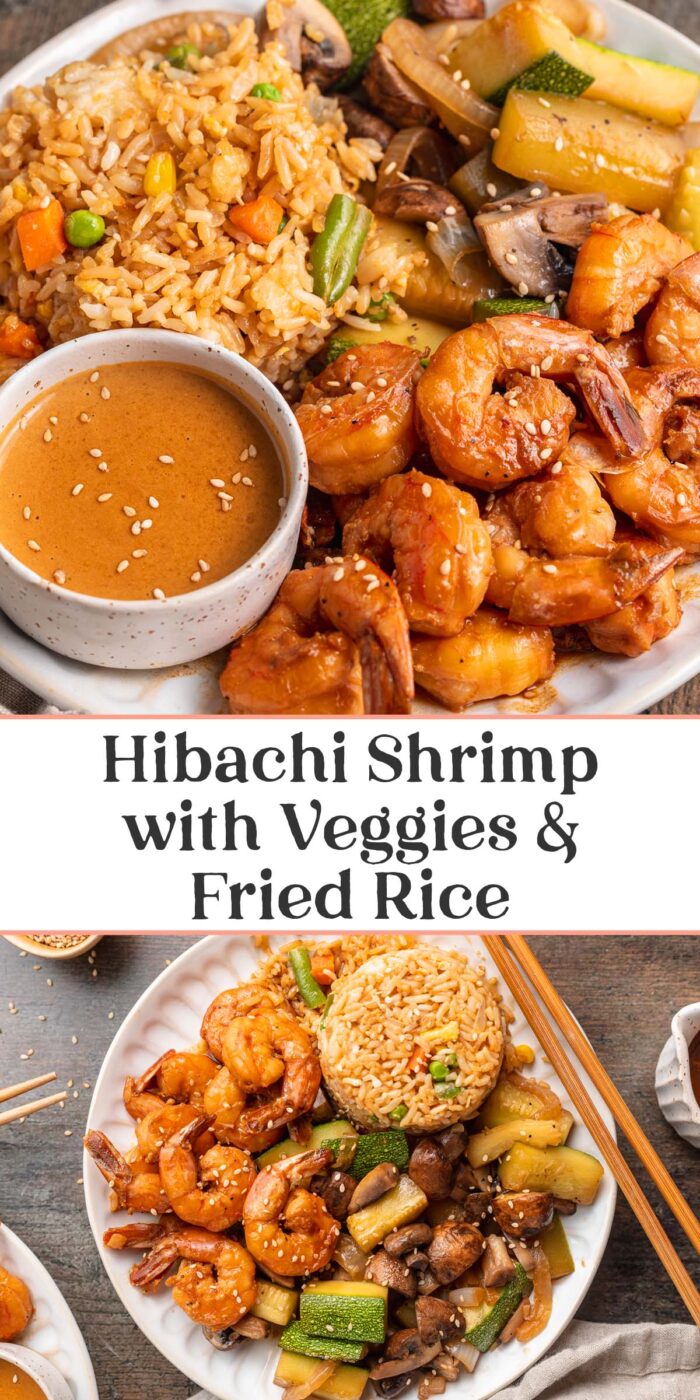 Pin graphic for hibachi shrimp with fried rice and veggies.