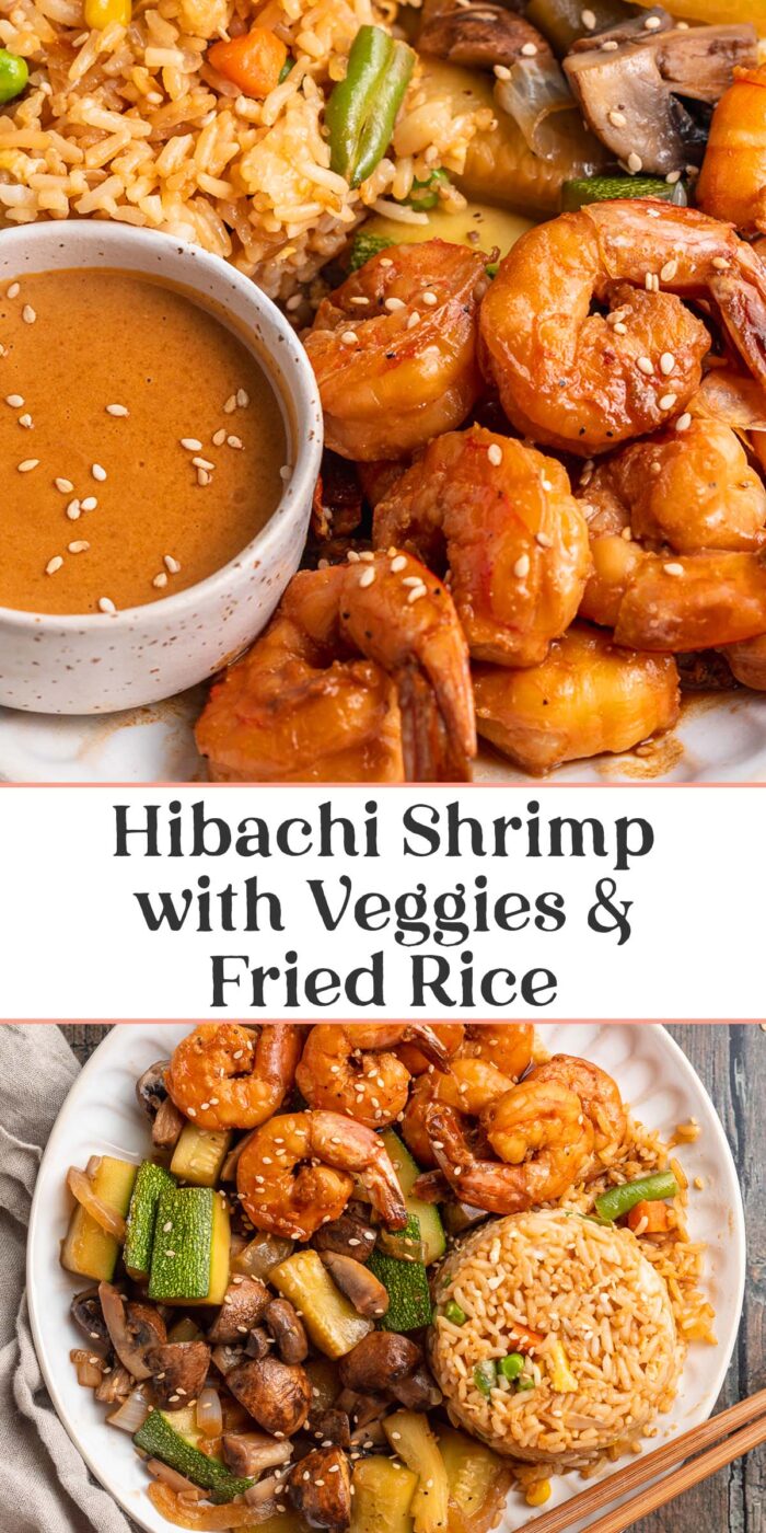 Pin graphic for hibachi shrimp with fried rice and veggies.