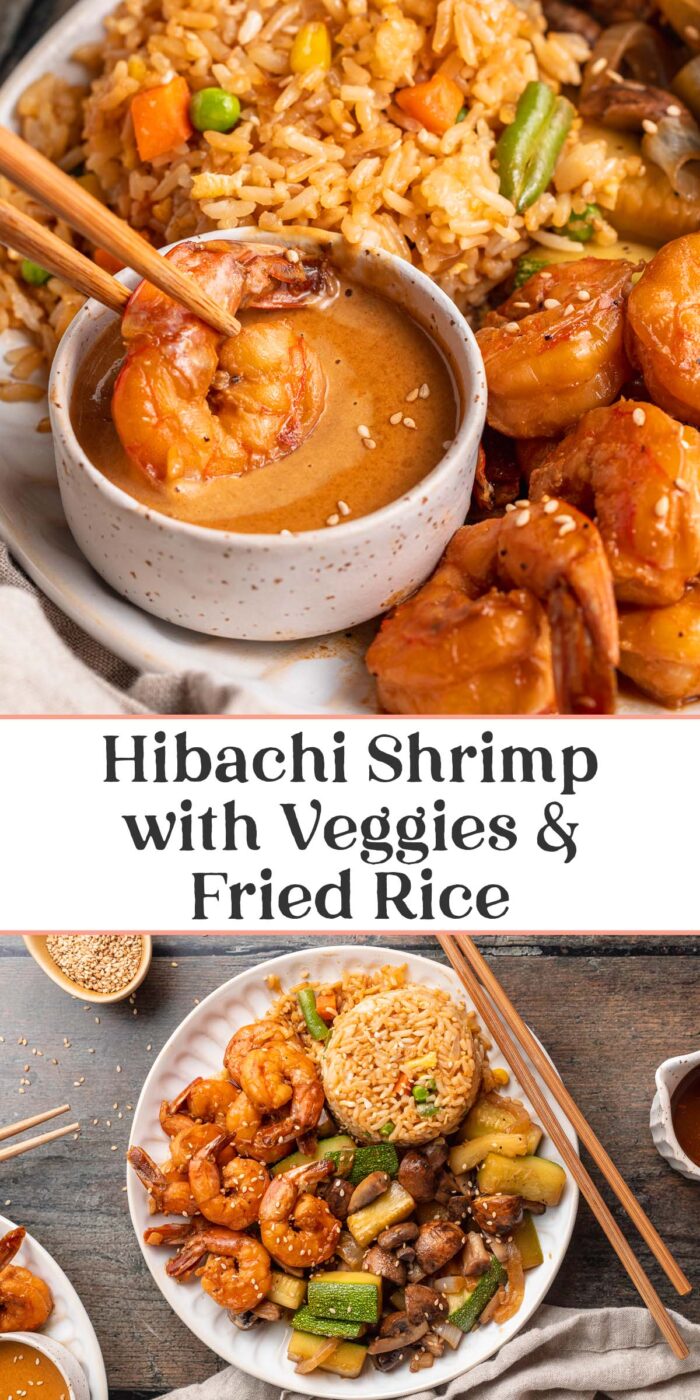 Pin graphic for hibachi shrimp with fried rice and veggies.