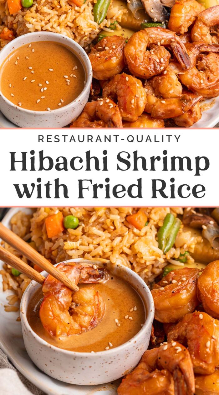 Pin graphic for hibachi shrimp with fried rice and veggies.