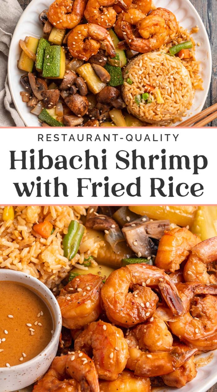 Pin graphic for hibachi shrimp with fried rice and veggies.