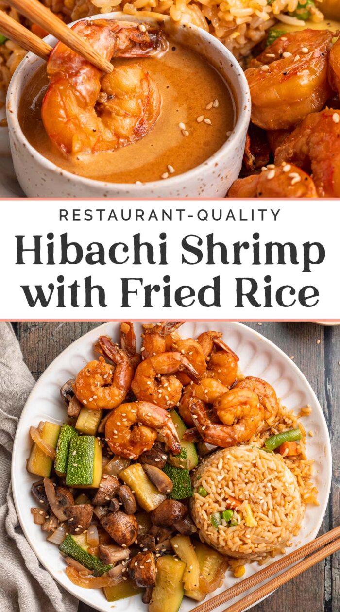 Pin graphic for hibachi shrimp with fried rice and veggies.