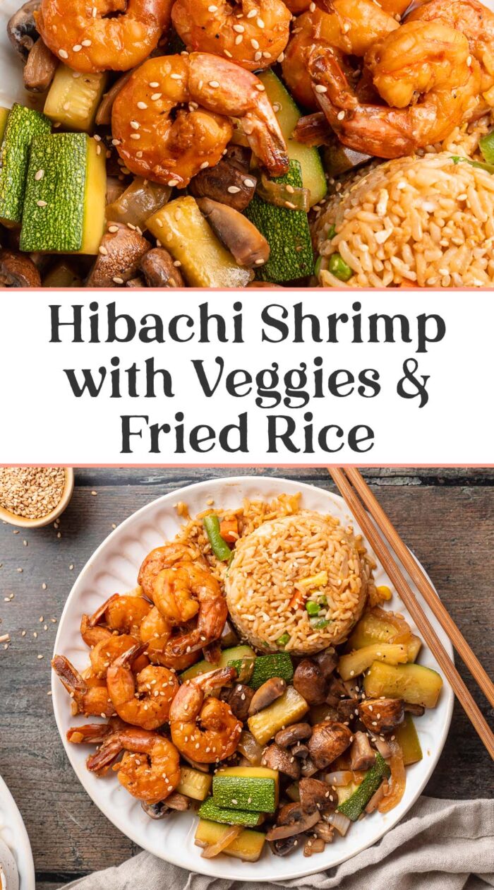 Pin graphic for hibachi shrimp with fried rice and veggies.