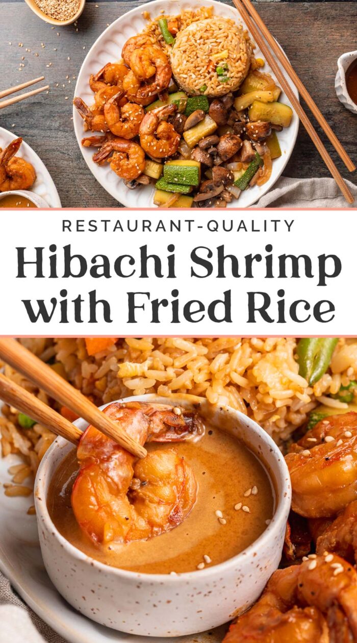 Pin graphic for hibachi shrimp with fried rice and veggies.