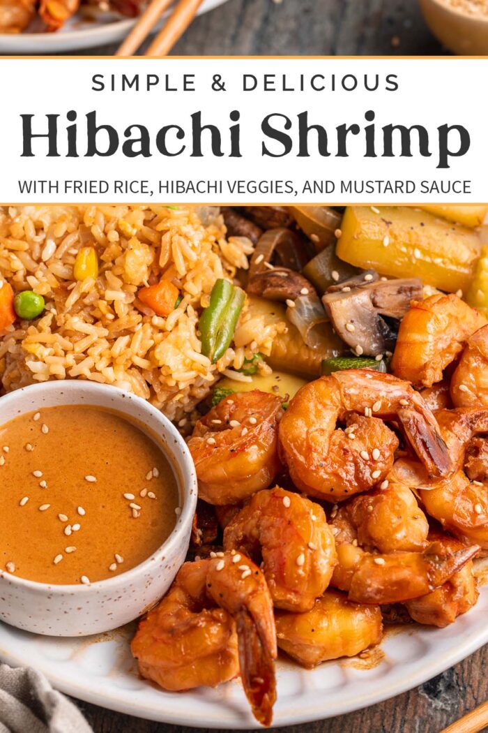 Pin graphic for hibachi shrimp with fried rice and veggies.