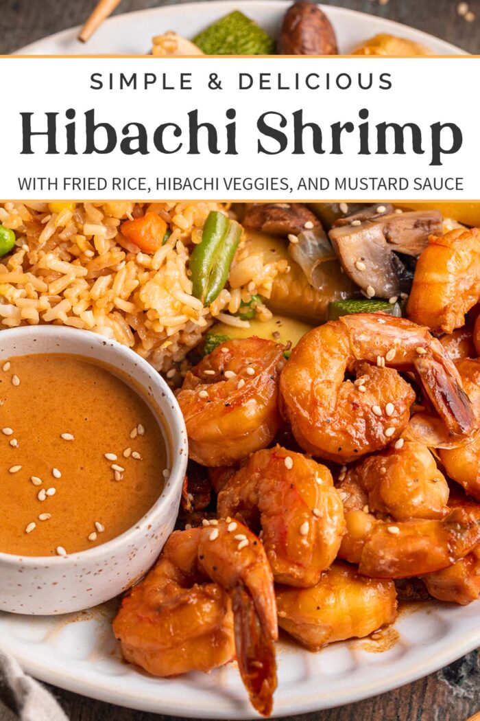 Pin graphic for hibachi shrimp with fried rice and veggies.