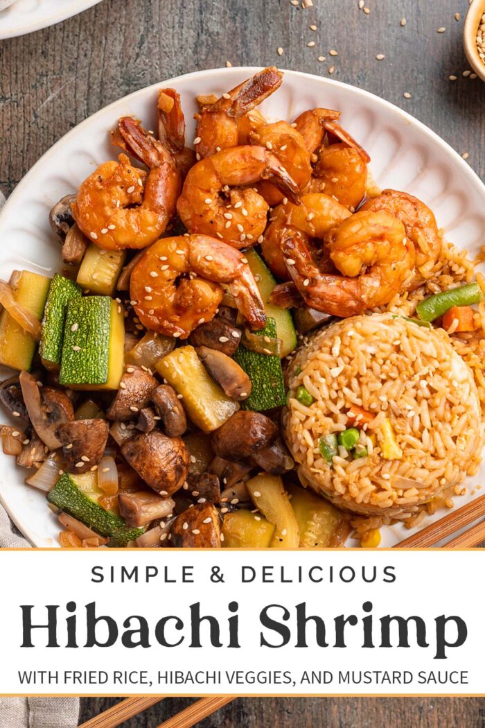 Pin graphic for hibachi shrimp with fried rice and veggies.