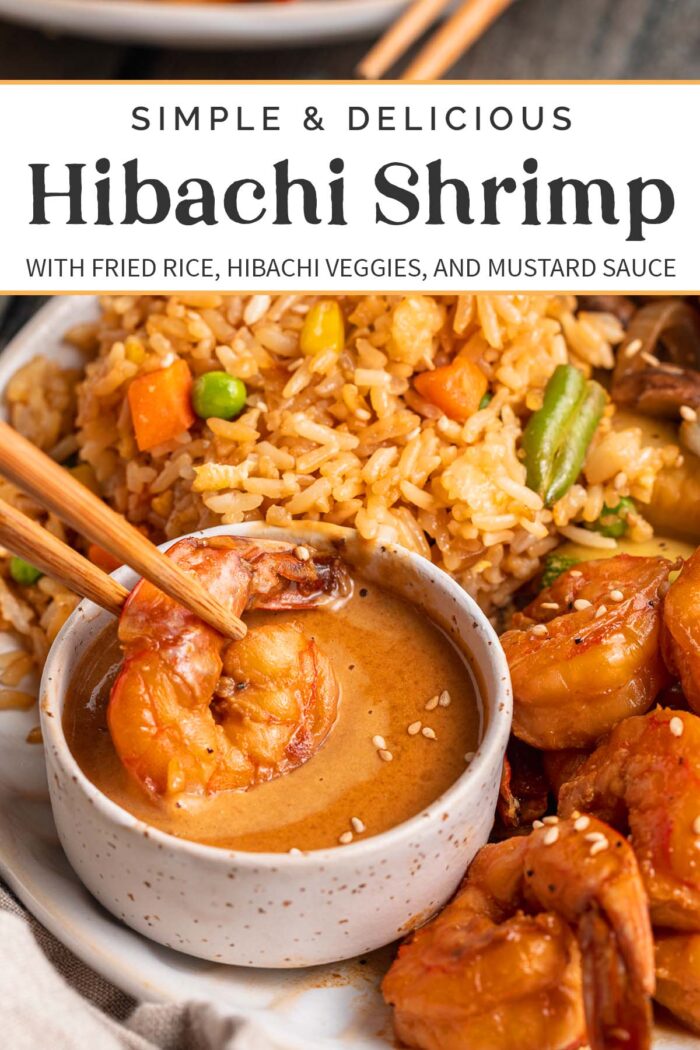 Pin graphic for hibachi shrimp with fried rice and veggies.