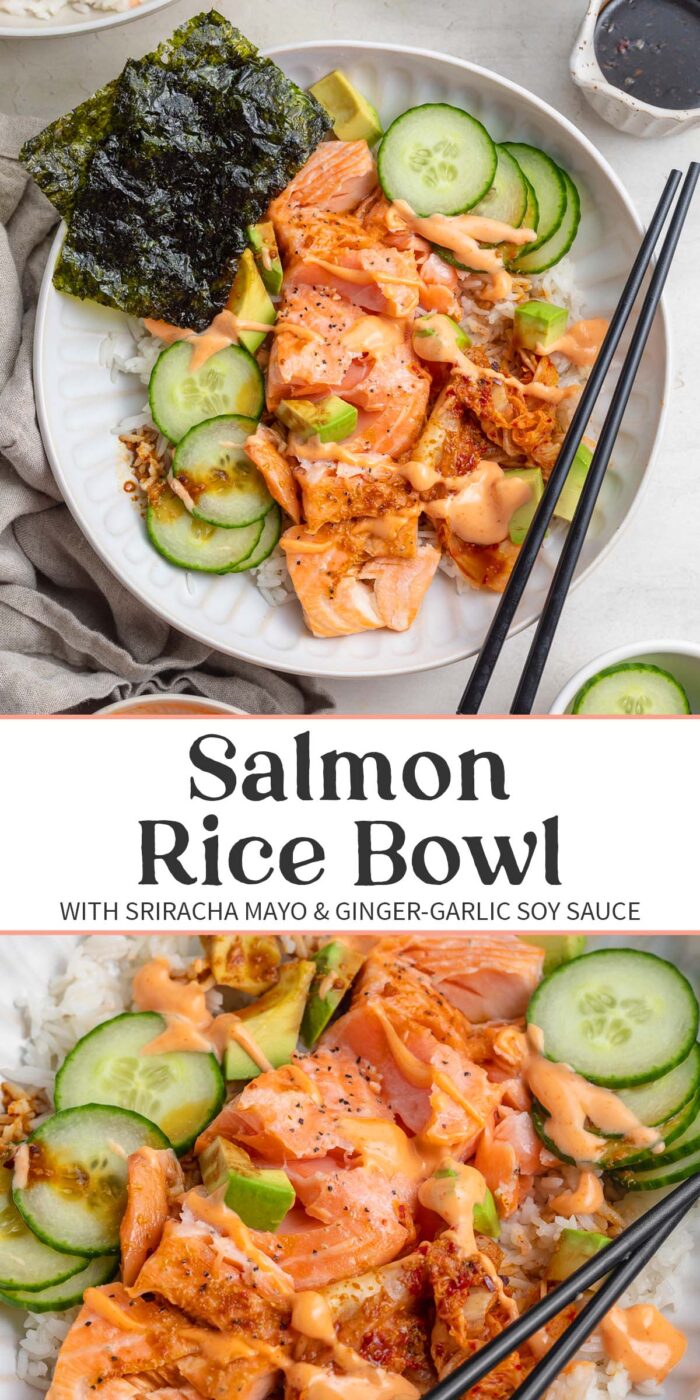 Pin graphic for salmon rice bowl.