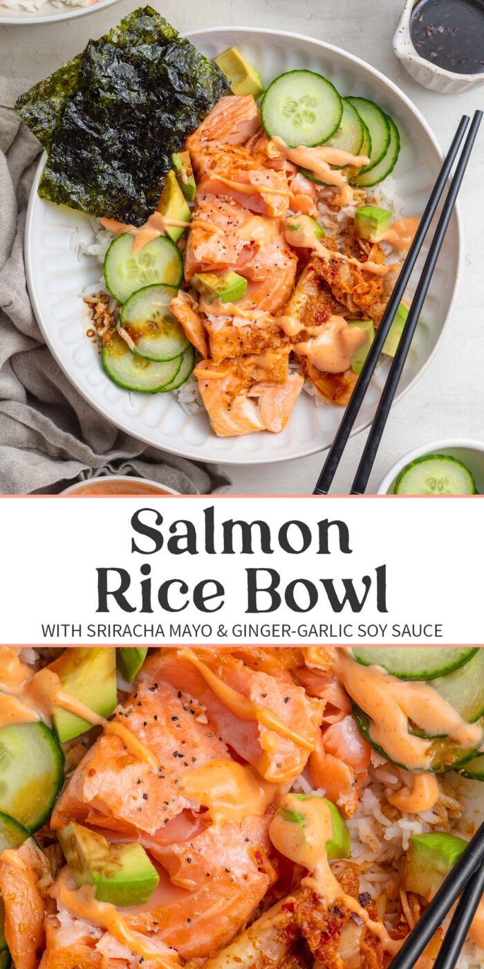 Pin graphic for salmon rice bowl.