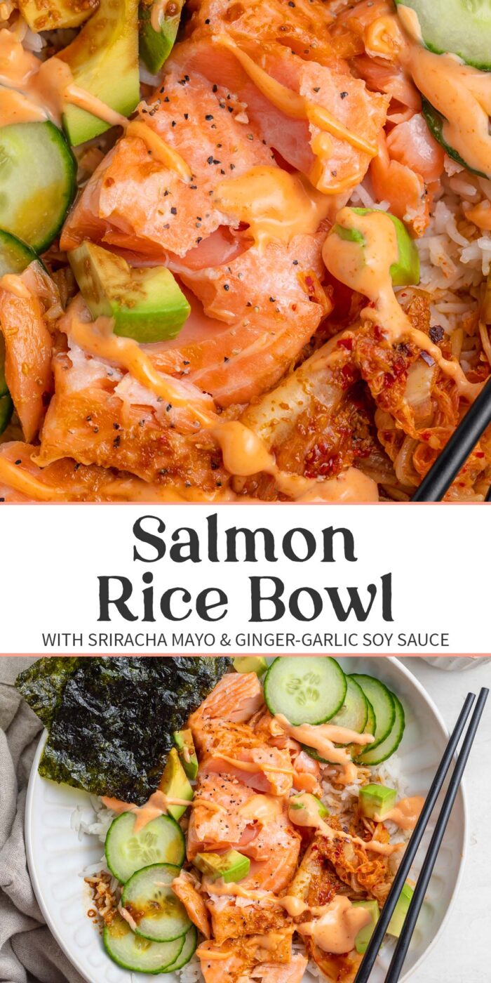 Pin graphic for salmon rice bowl.