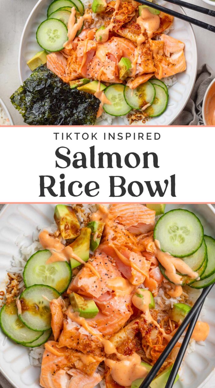 Pin graphic for salmon rice bowl.