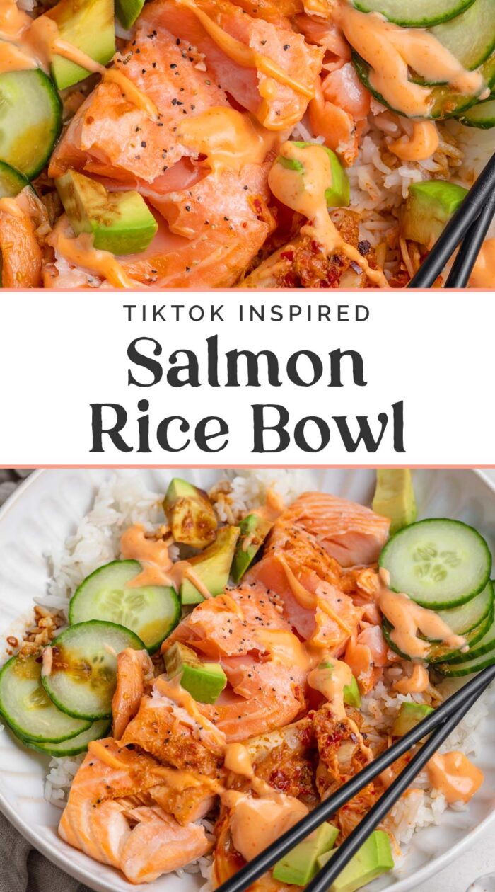 Pin graphic for salmon rice bowl.