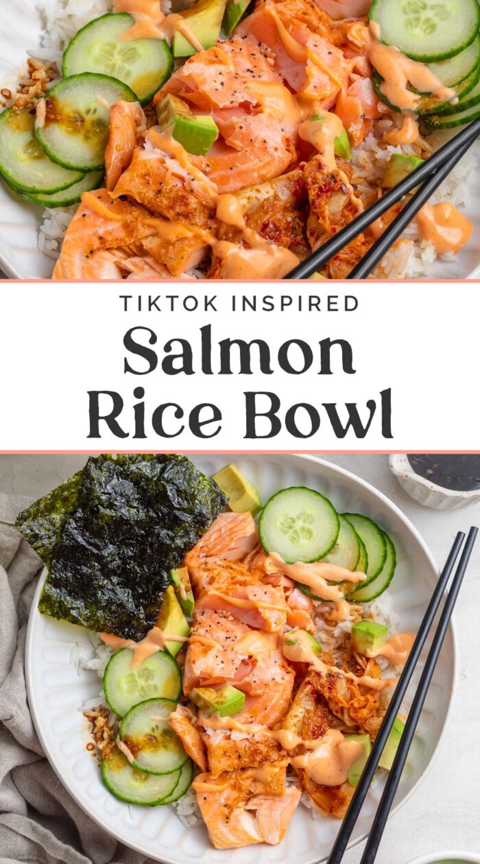 Pin graphic for salmon rice bowl.