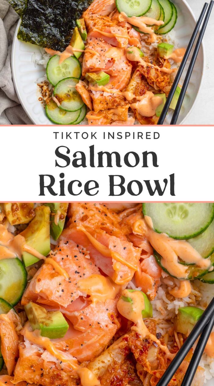 Pin graphic for salmon rice bowl.