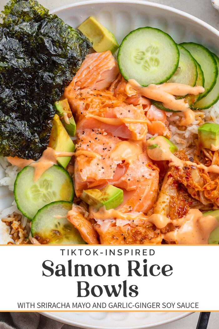 Pin graphic for salmon rice bowl.