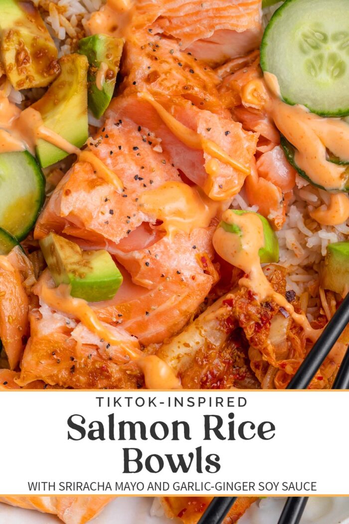 Pin graphic for salmon rice bowl.