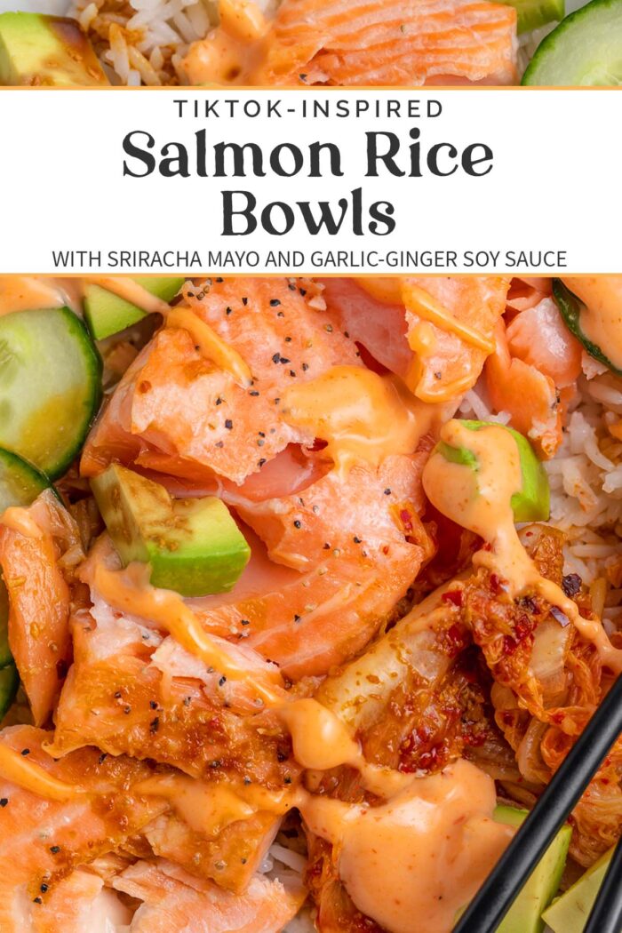 Pin graphic for salmon rice bowl.