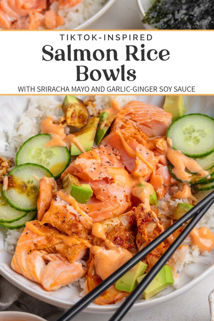 Pin graphic for salmon rice bowl.