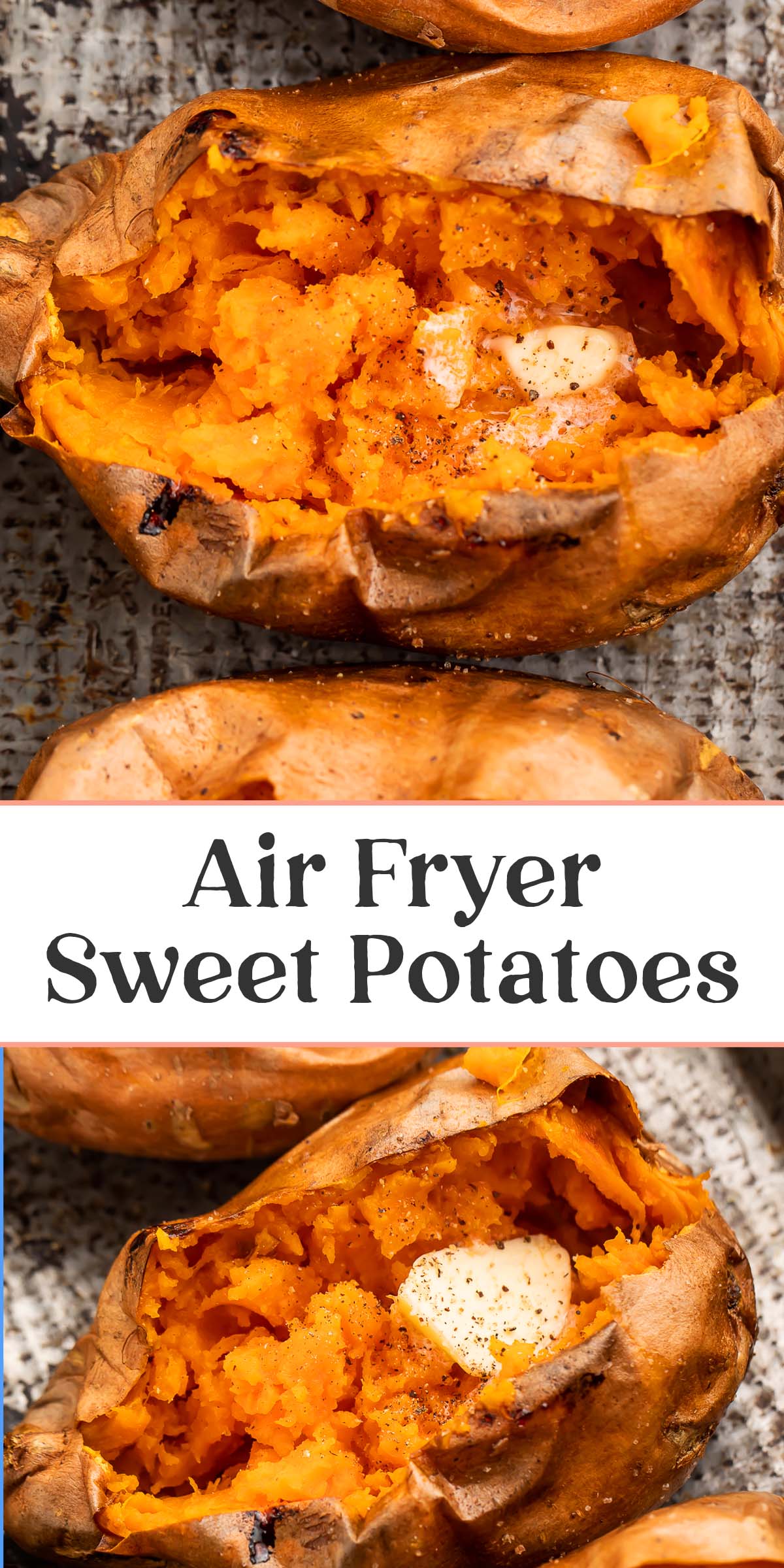 Pin graphic for air fryer sweet potatoes.