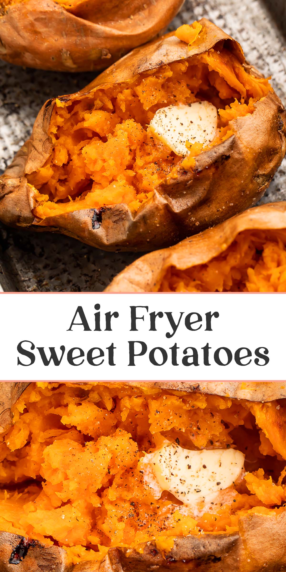 Pin graphic for air fryer sweet potatoes.