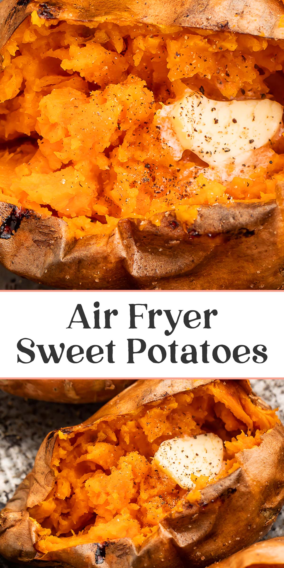 Pin graphic for air fryer sweet potatoes.