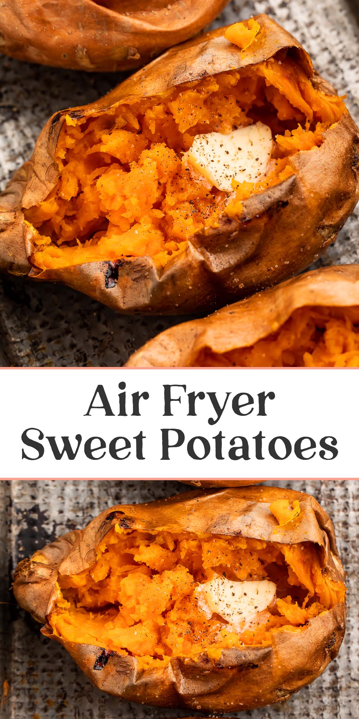 Pin graphic for air fryer sweet potatoes.