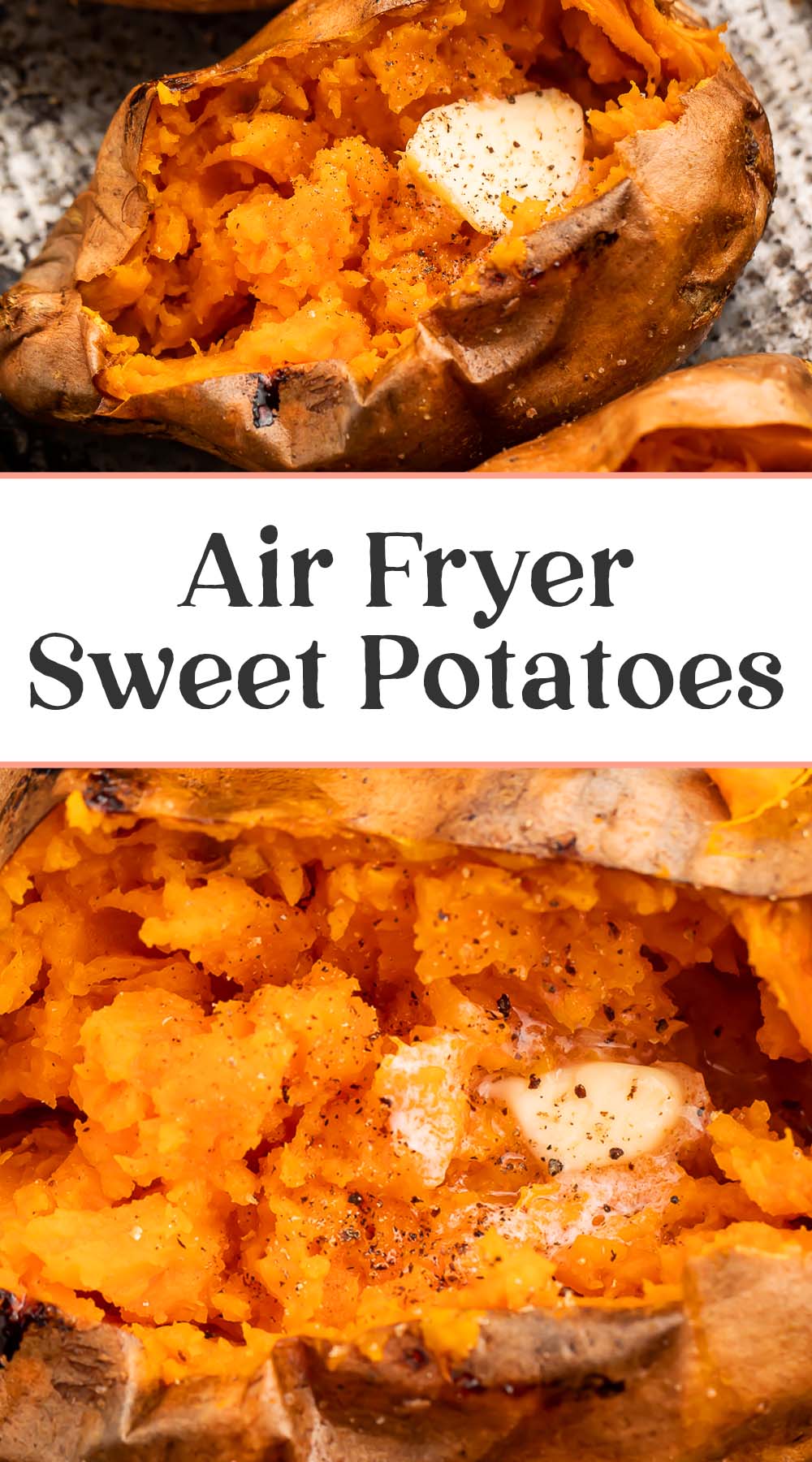 Pin graphic for air fryer sweet potatoes.