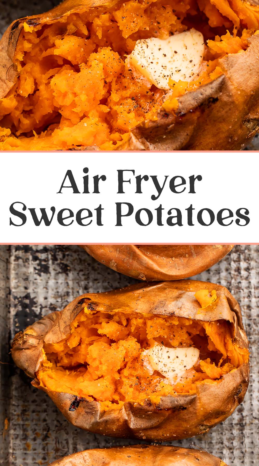 Pin graphic for air fryer sweet potatoes.