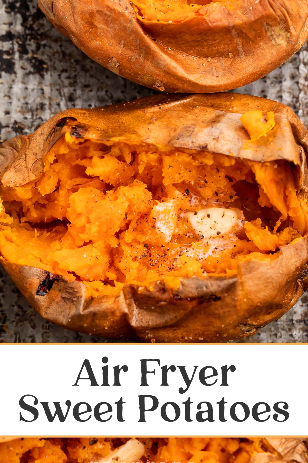 Pin graphic for air fryer sweet potatoes.