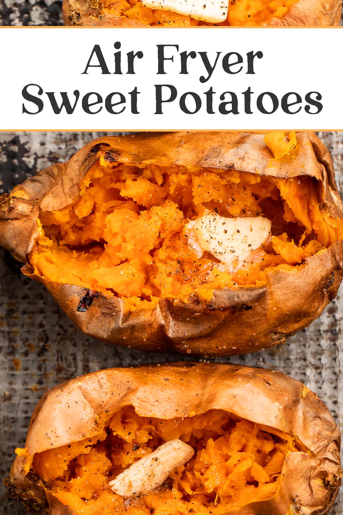 Pin graphic for air fryer sweet potatoes.