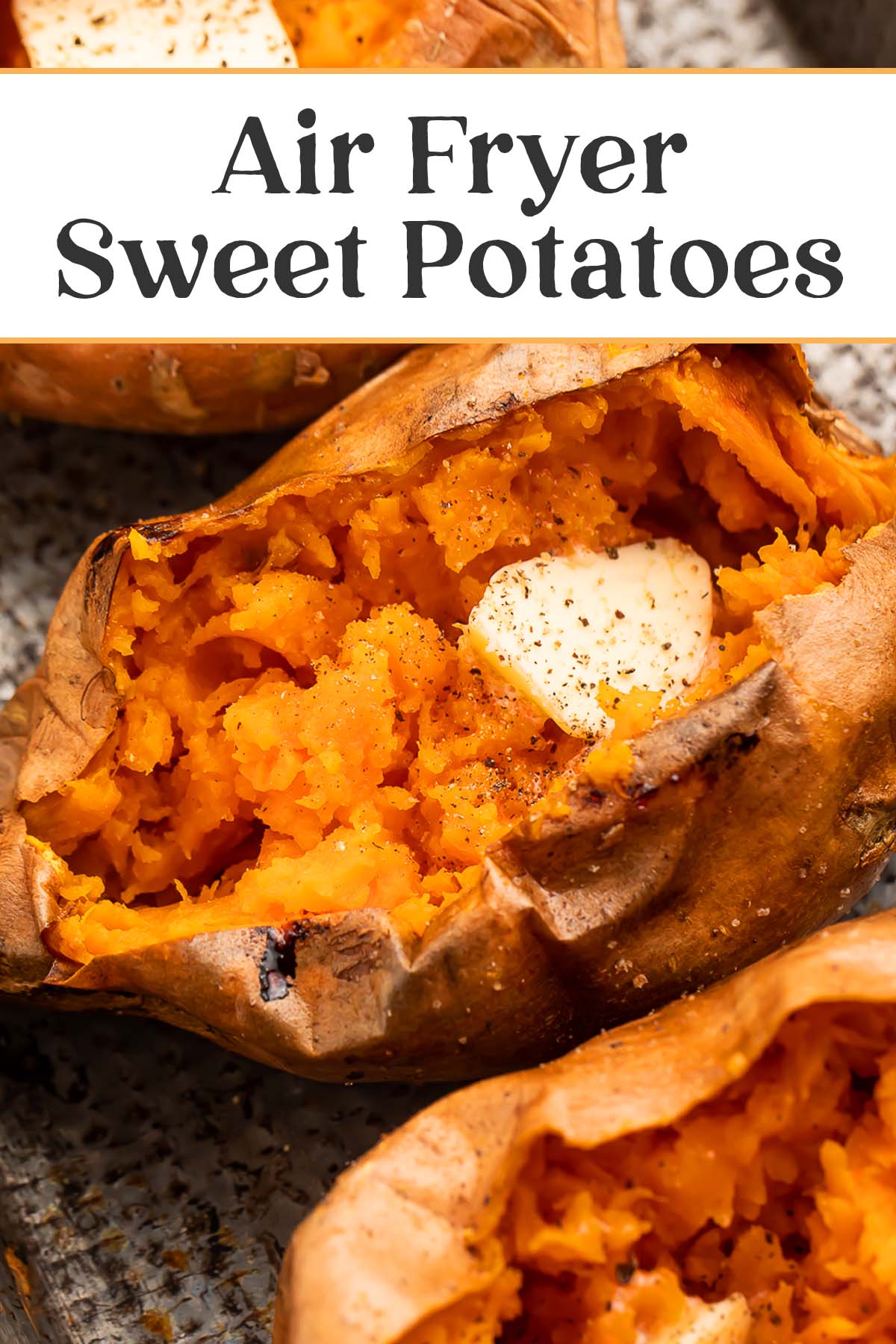 Pin graphic for air fryer sweet potatoes.