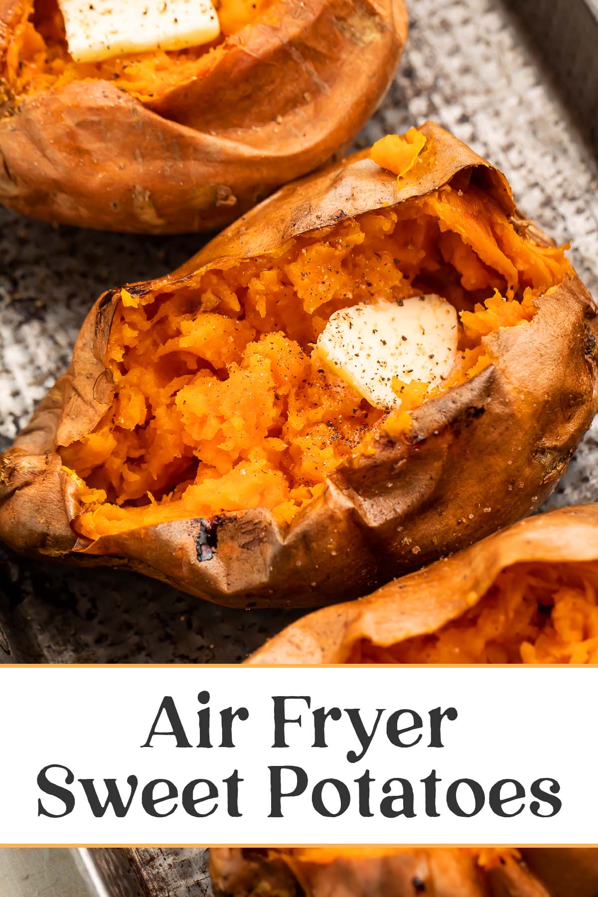 Pin graphic for air fryer sweet potatoes.