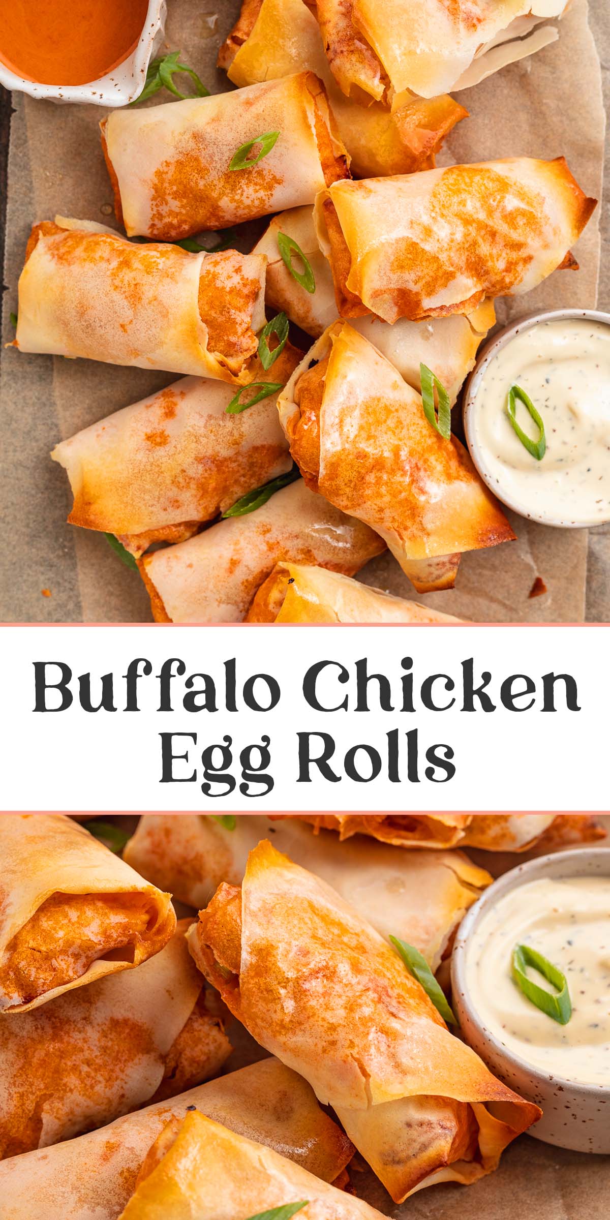 Pin graphic for buffalo chicken egg rolls.