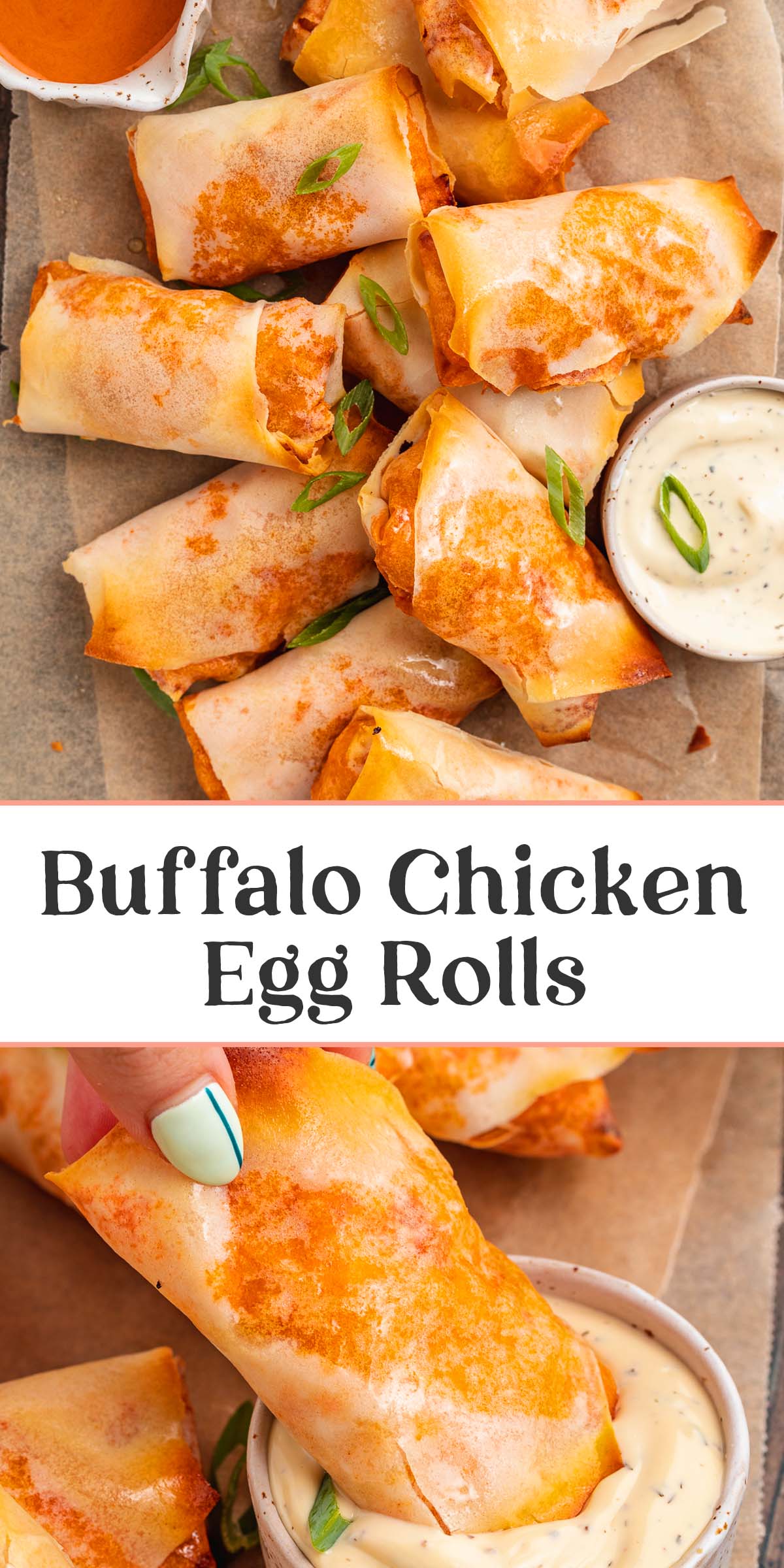 Pin graphic for buffalo chicken egg rolls.