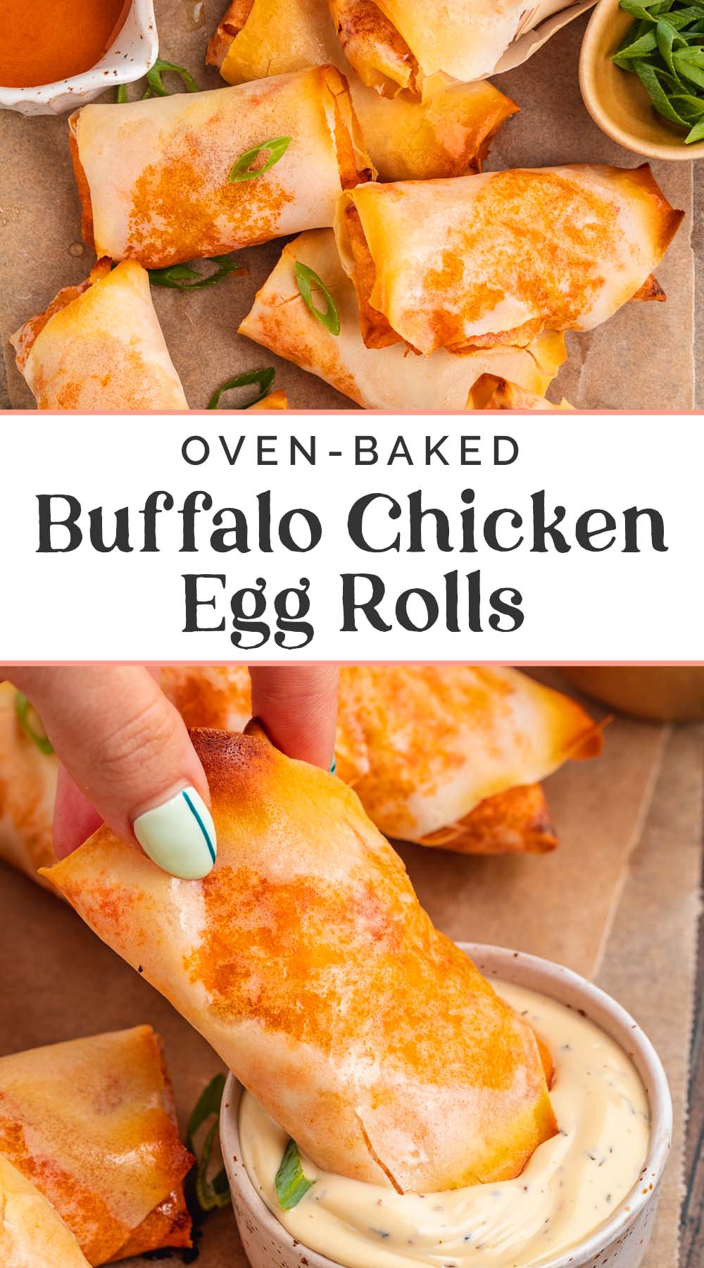 Pin graphic for buffalo chicken egg rolls.