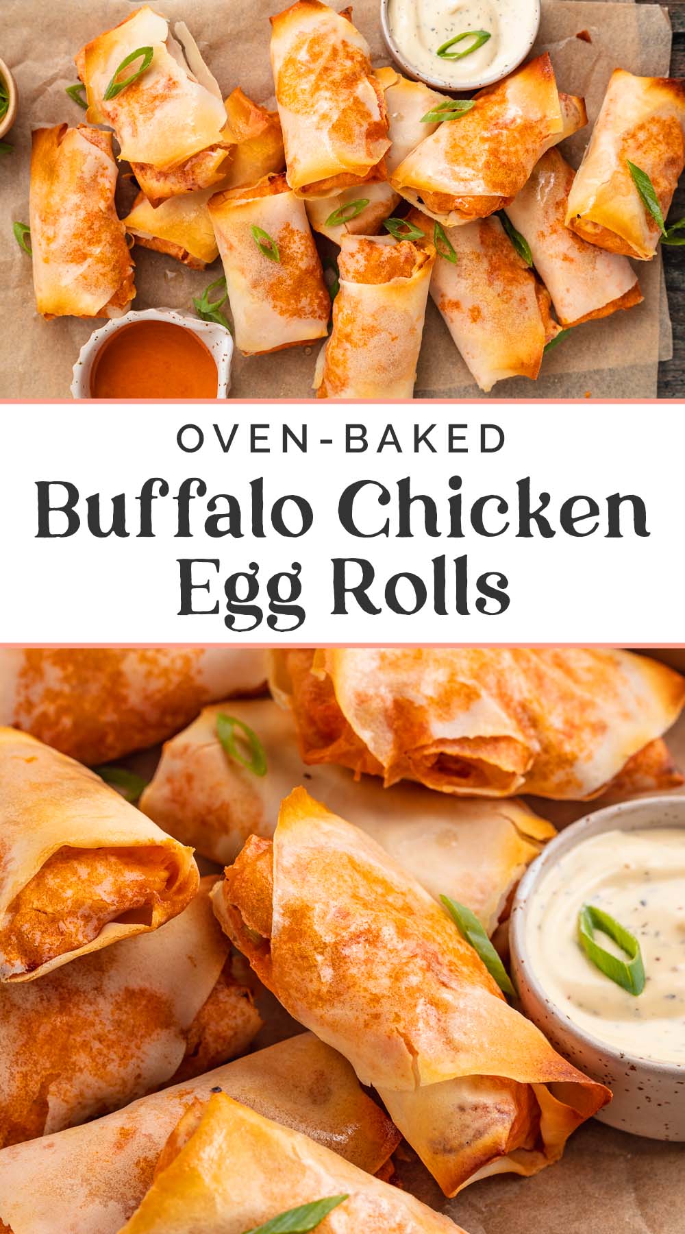 Pin graphic for buffalo chicken egg rolls.