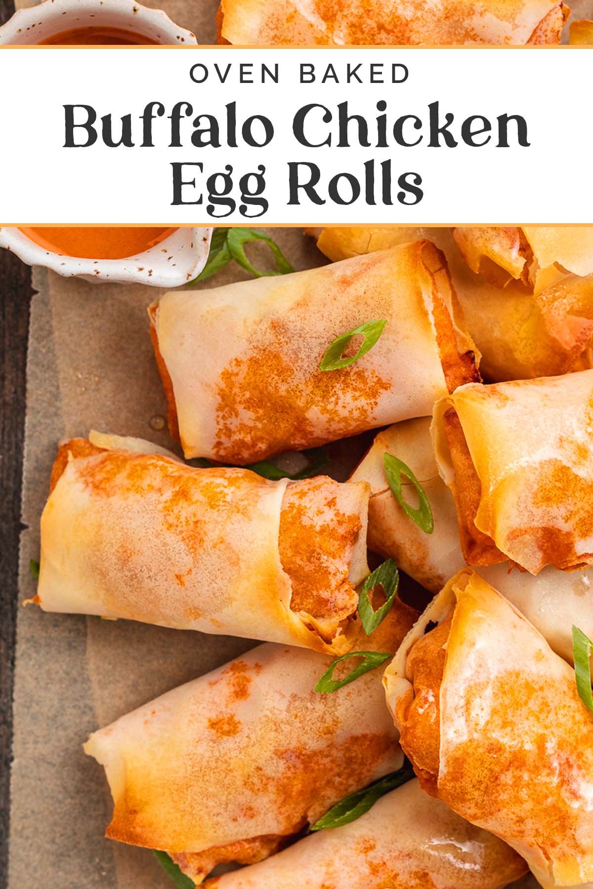 Pin graphic for buffalo chicken egg rolls.