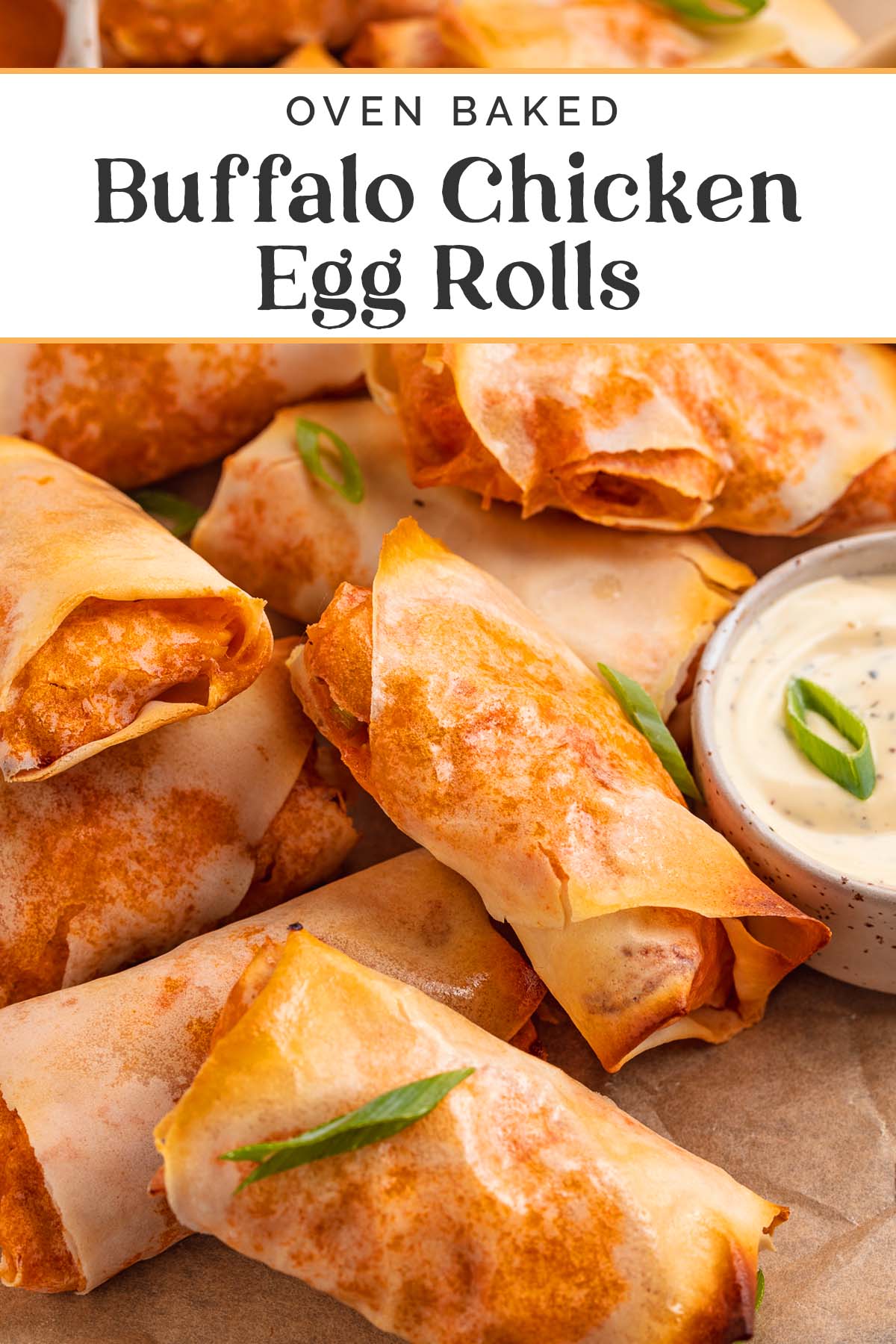 Pin graphic for buffalo chicken egg rolls.